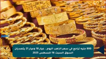 800 جنيه تراجع في سعر الذهب اليوم.. عيار 18 وعيار 21 يتصدران السوق السبت 16 أغسطس 2025